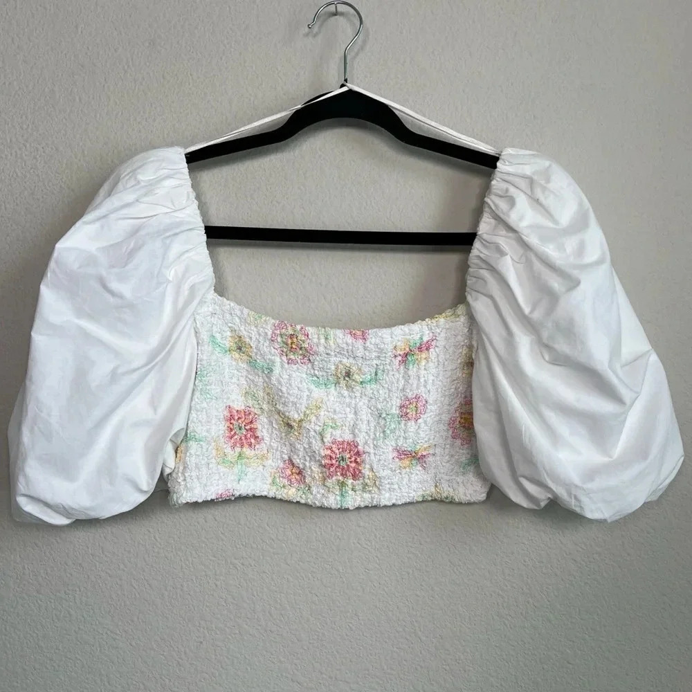 Zara White Floral Poplin Crop Top Medium Puff Sleeve Smocked
